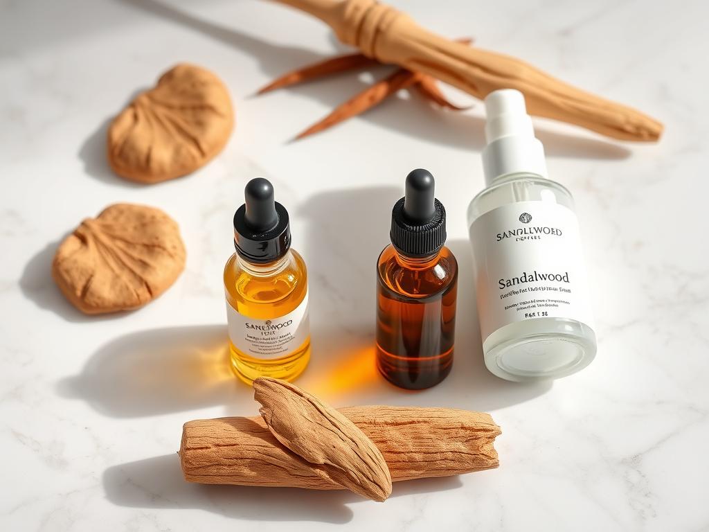 Sandalwood pieces and oil with facial skincare products, showing sandalwood safe for face applications