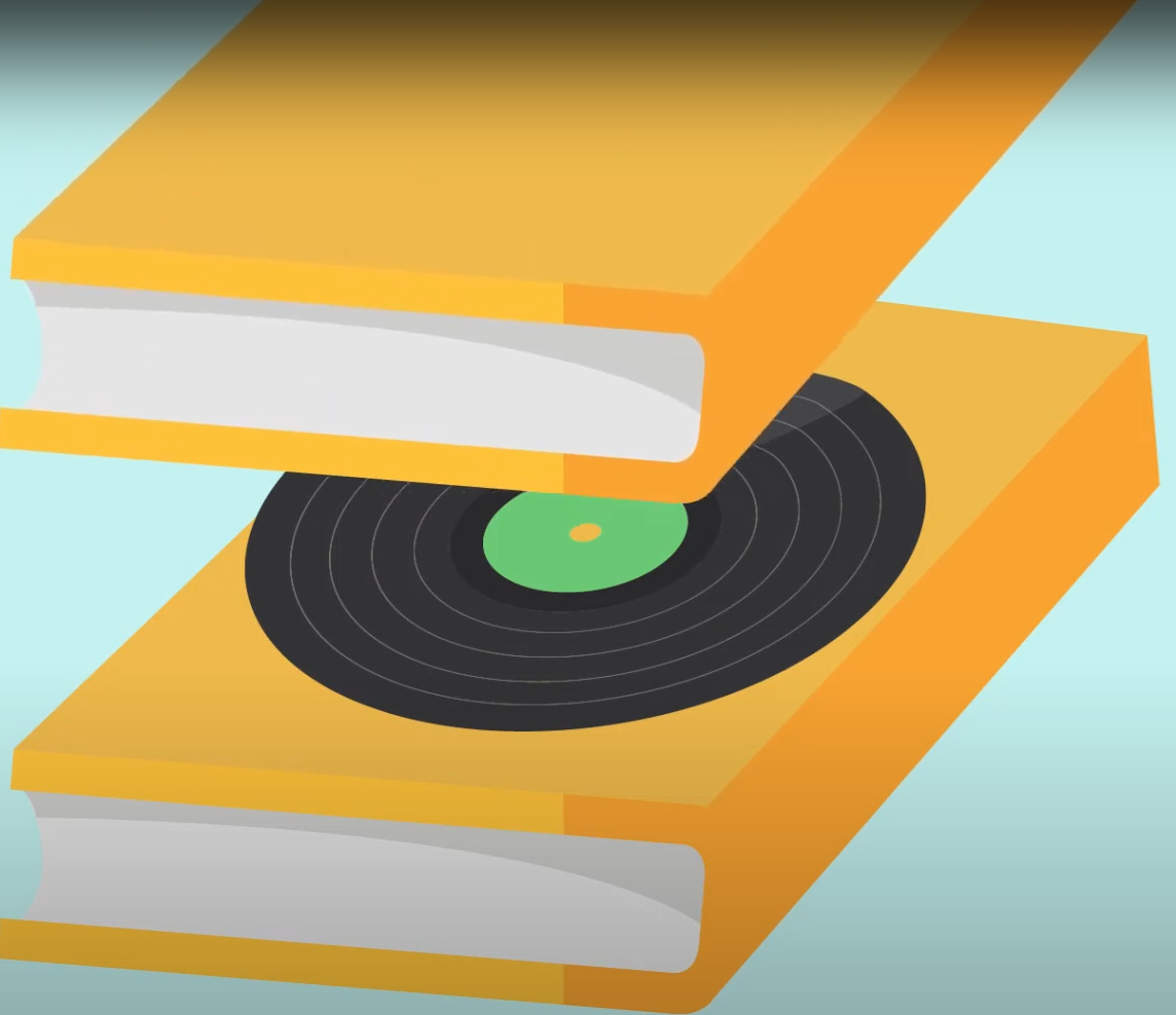 Illustration showing a vinyl record being pressed between two large books. 