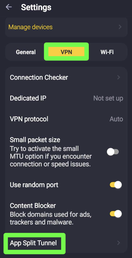 Captura de tela mostrando as configurações de VPN no aplicativo Android da CyberGhost VPN