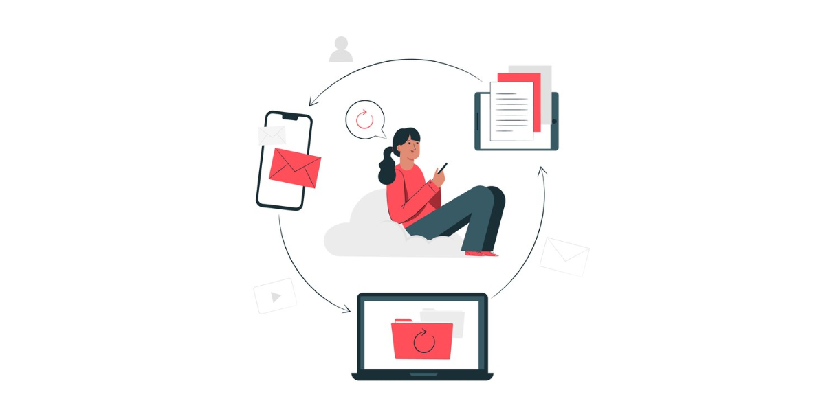 a woman on her phone near floating icons