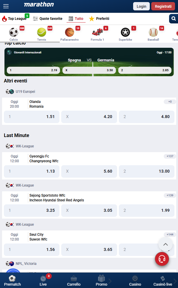 Marathonbet: palinsesto, quote e mercati di scommessa