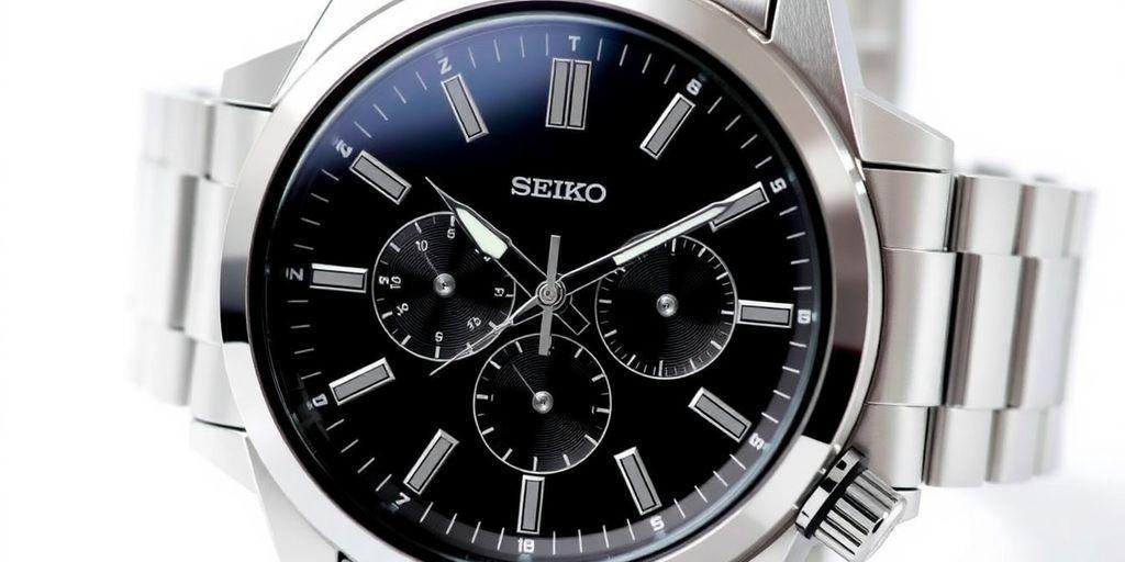 Seiko Solar Chronograph watch with black dial and silver case.