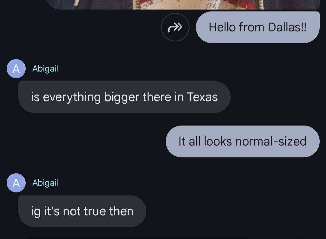 May be an image of text that says '> A Abigail Hello from Dallas!! is everything bigger there in Texas Texas A It all looks normal-sized sized Abigail ig igit'snottruethen it's not true then'