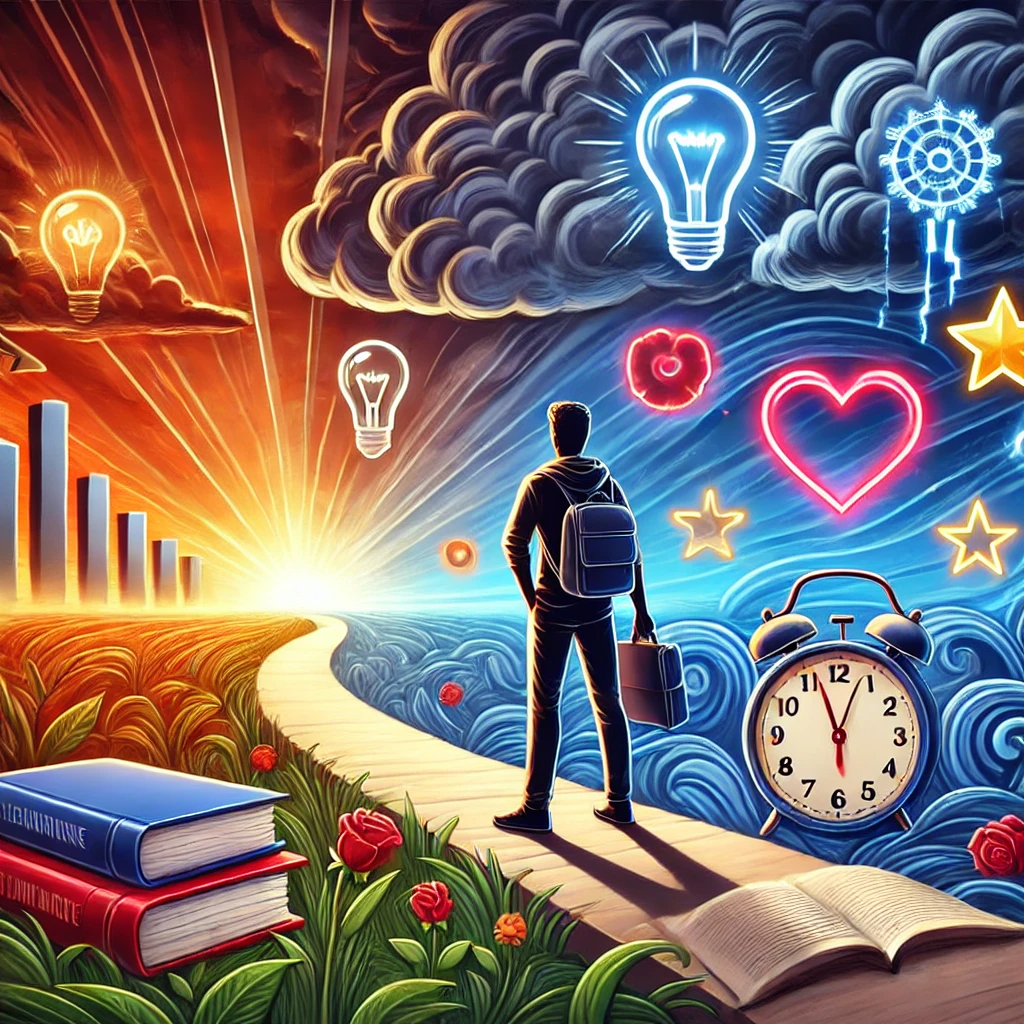 An illustration of a college student confidently standing on a pathway that represents their academic journey. The pathway is lined with obstacles such as large textbooks, a clock symbolizing time management challenges, and stormy clouds representing stress and uncertainty. Above the student, bright, glowing symbols like lightbulbs, hearts, and stars hover, illuminating the path and gradually dissolving the obstacles. The background transitions from dark and stormy to bright and sunny as the student progresses, symbolizing the power of affirmations in overcoming college challenges.