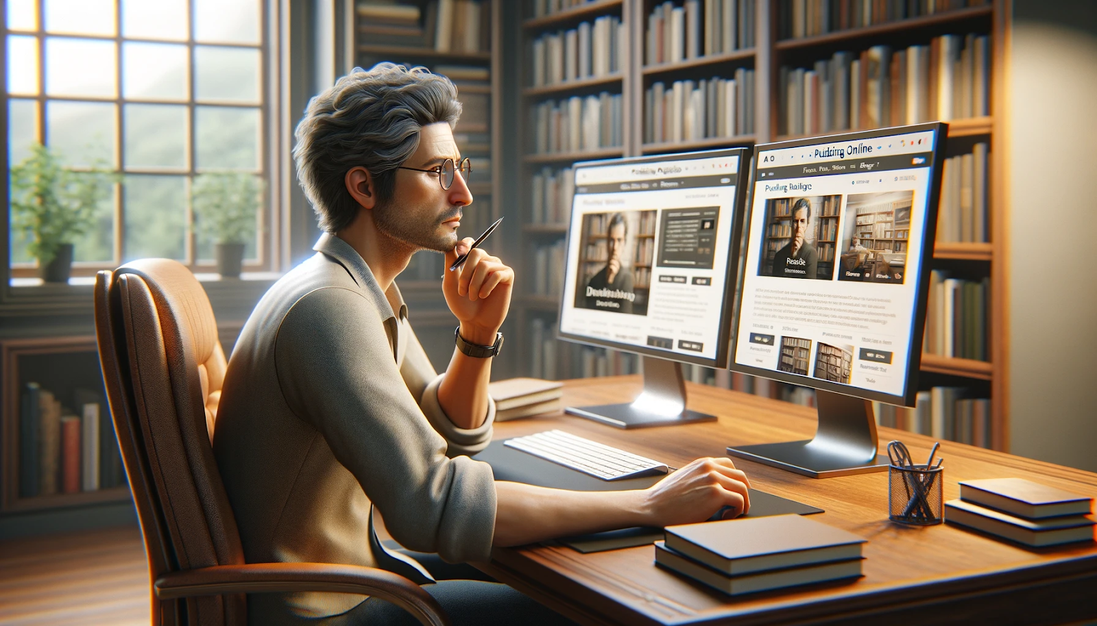 An author sitting at a desk in a library, thoughtfully reviewing self-publishing platforms on dual monitors, surrounded by books and a serene natural backdrop through the window.