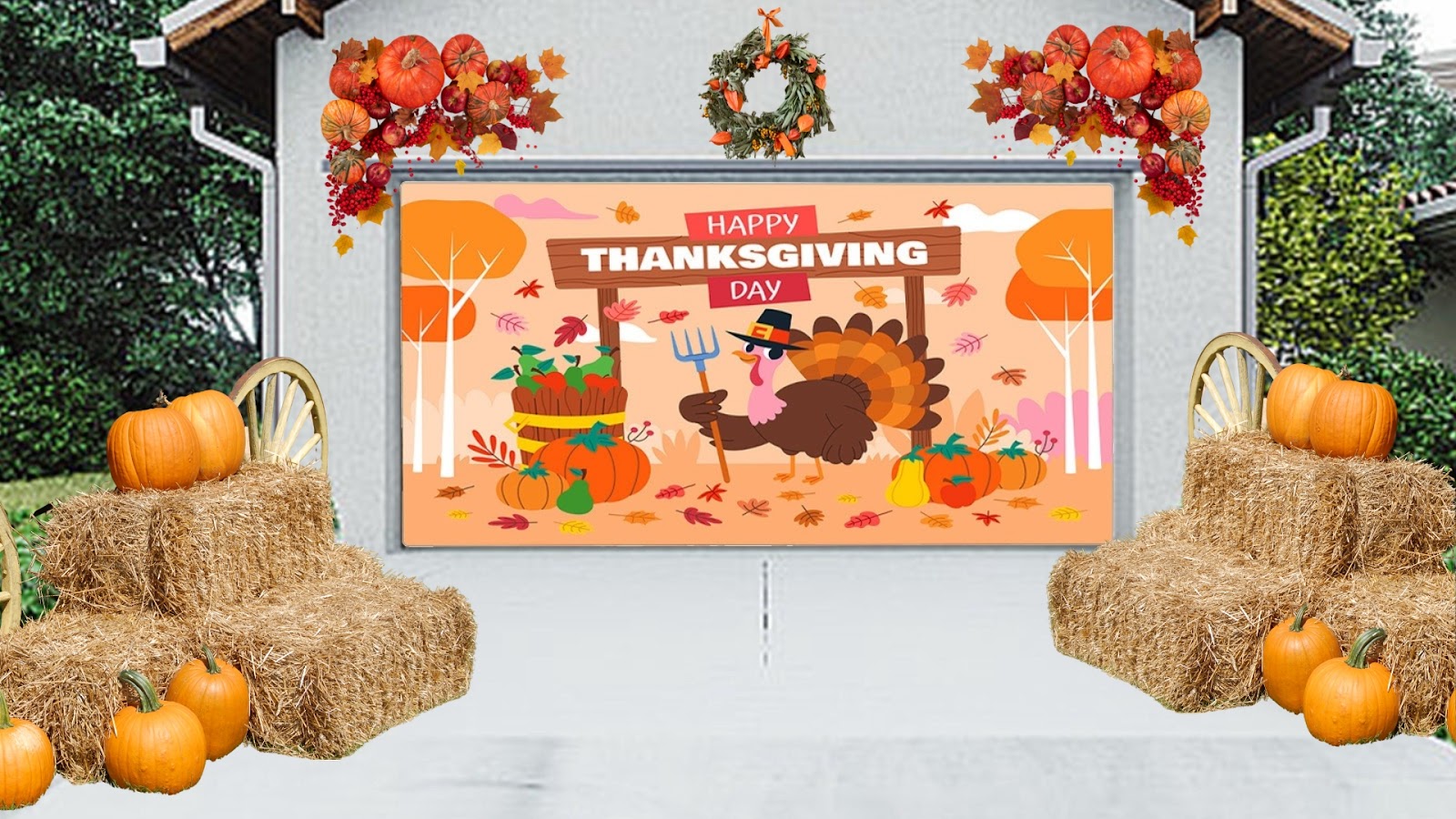 Decorated garage doors with creative displays with fall pumpkins and hay bales