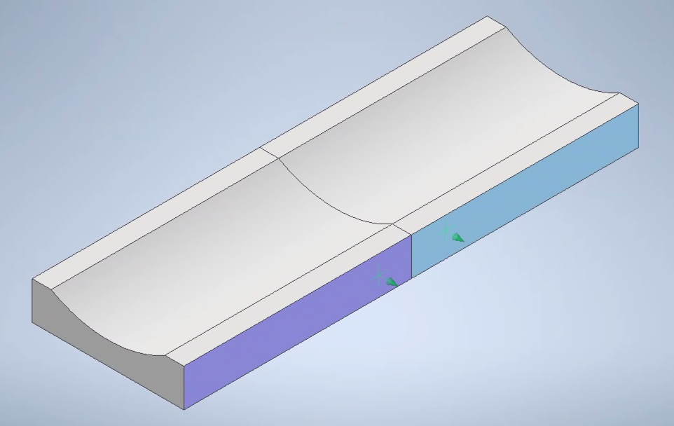 3D gray shape with half of one edge colored purple and the other half colored blue. Each colored section has a green cross with an arrow coming out of it.