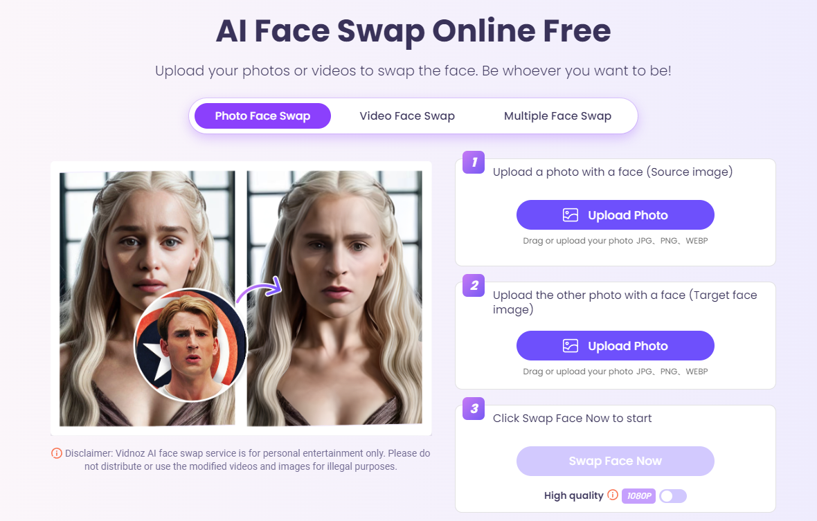 Vidnoz AI Face Swap: Simple Swap for Any Video & Image Deepfake