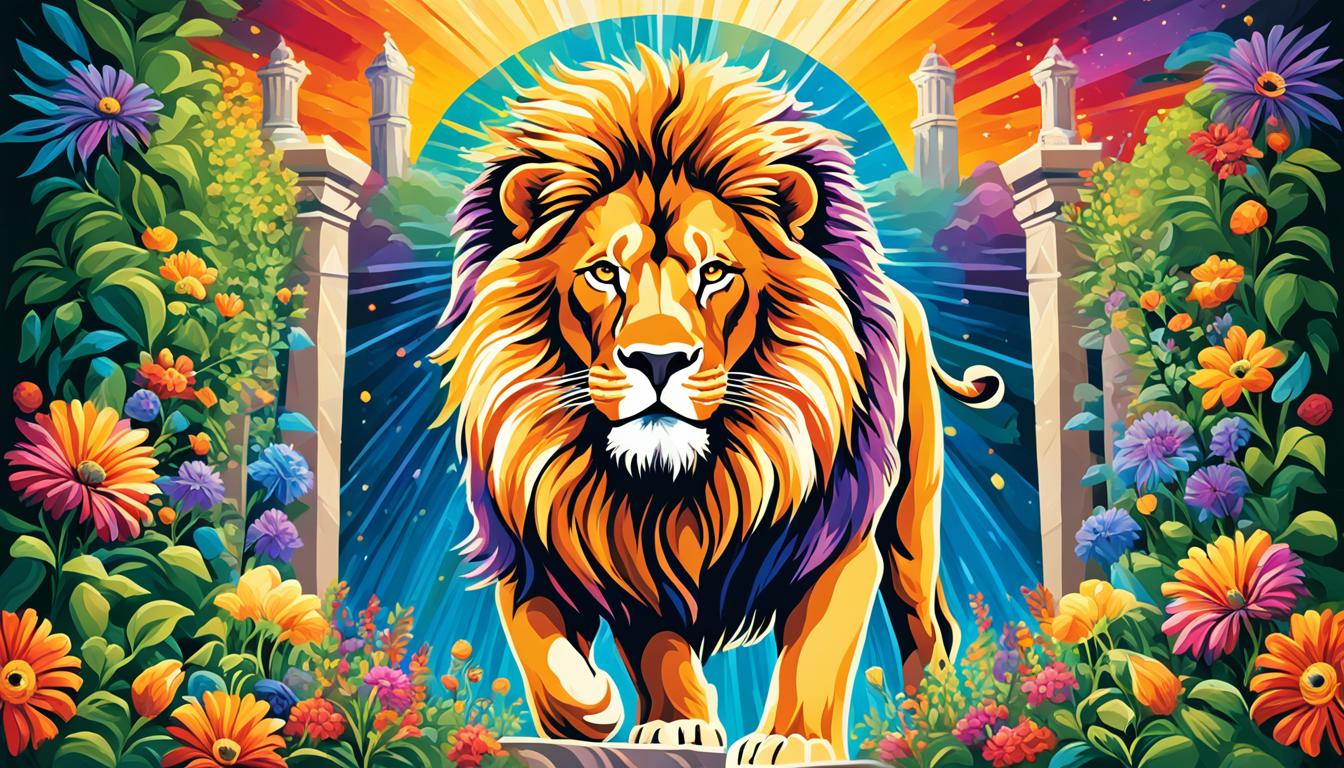 A majestic lion standing at the entrance of a glowing, golden gate surrounded by colorful flowers and lush greenery. The lion's mane and eyes radiate with powerful energy, symbolizing strength and courage. Rays of light pour out from the gate, illuminating the path ahead and inviting the viewer to step through and manifest their dreams.