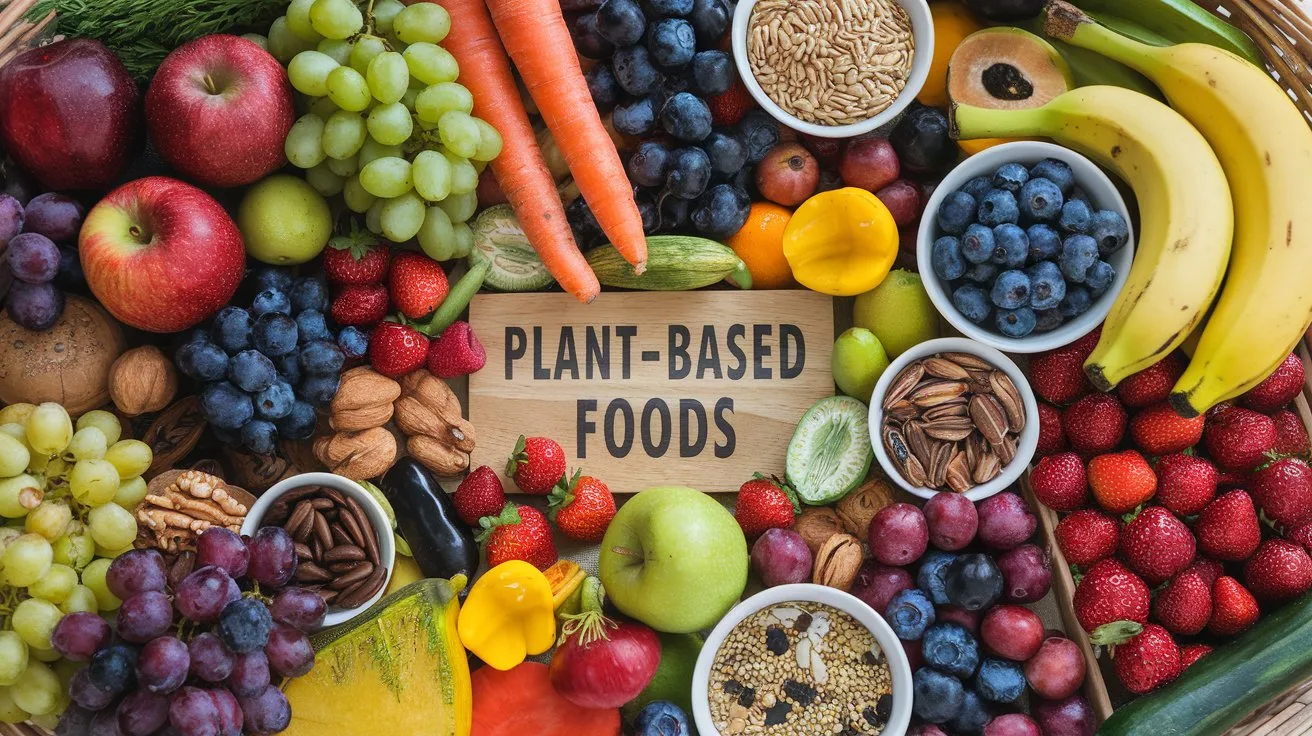 An assortment of colorful plant-based foods on a wooden table.