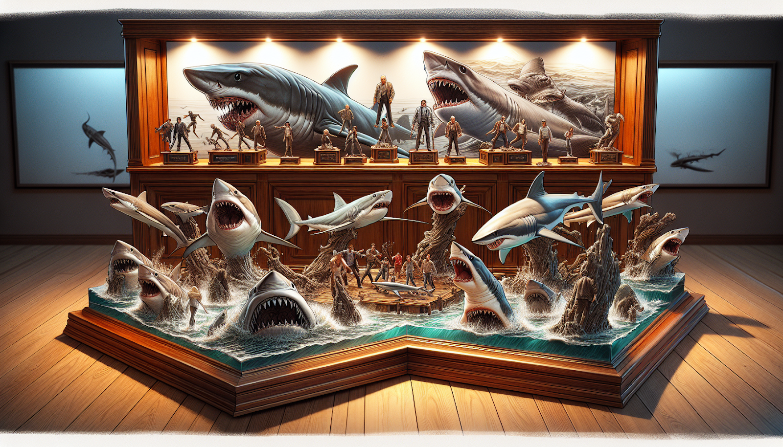 Limited edition Jaws statues and sculptures on display.