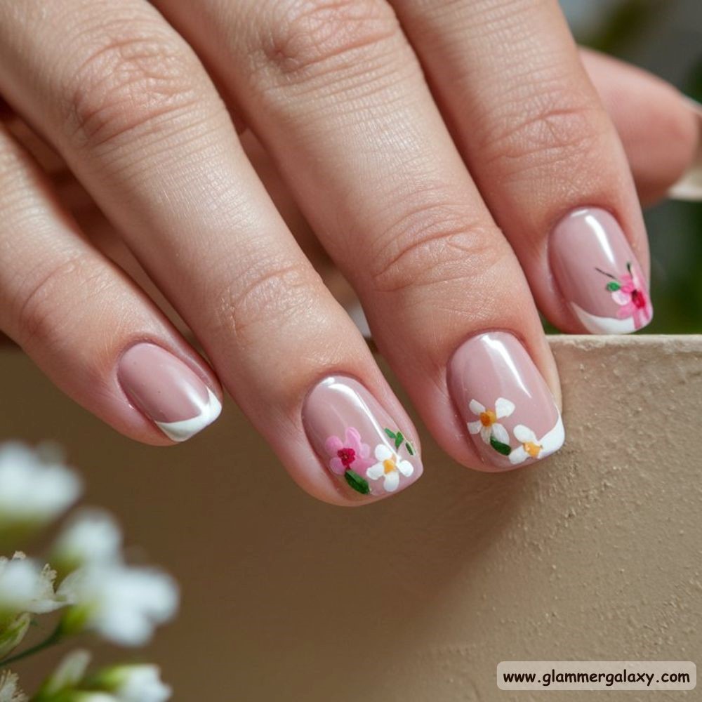 End of Summer Nails having Nude French with Floral Accents