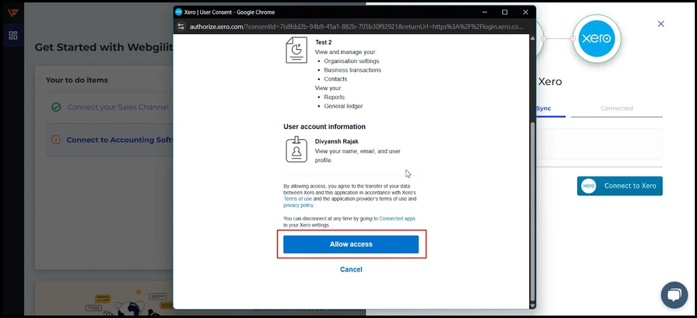 Illustration of providing Webgility access to Xero’s data