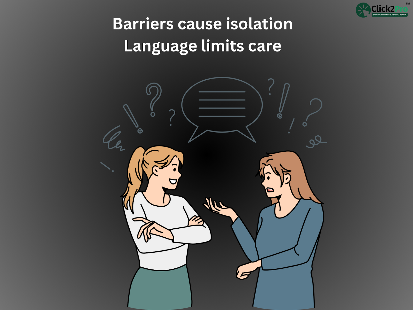 Two individuals struggling to communicate, highlighting the impact of language barriers on mental health care.