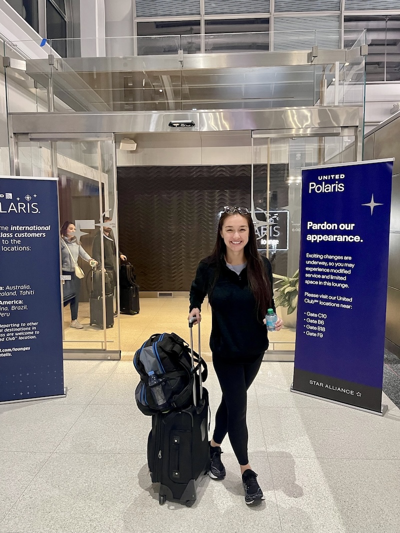 At the entrance of the United Polaris Lounge in Chicago O'Hare airport. 