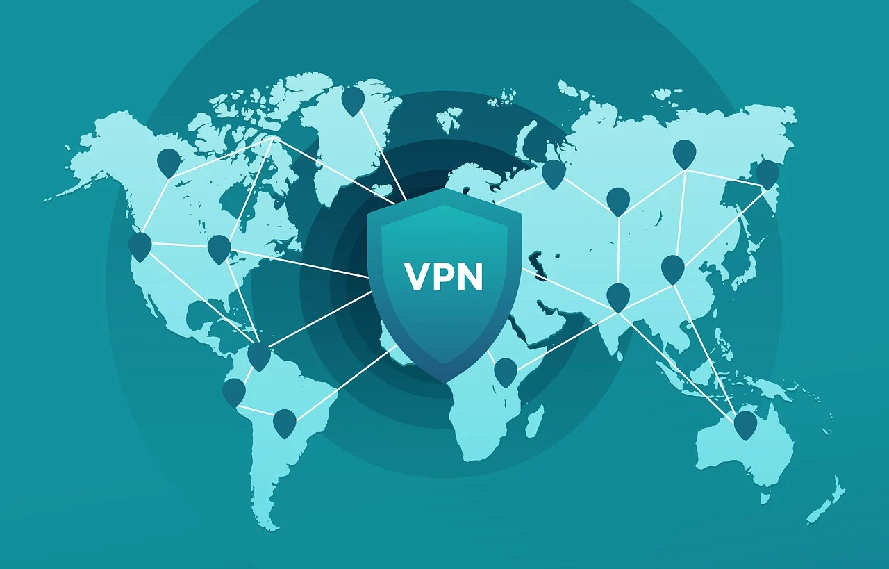 A World Map with a VPN Shield and Connected Markers