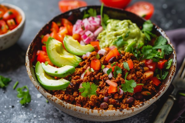 A colorful bowl of plant-based taco filling topped with avocado slices, diced tomatoes, red onions, cilantro, and a dollop of guacamole