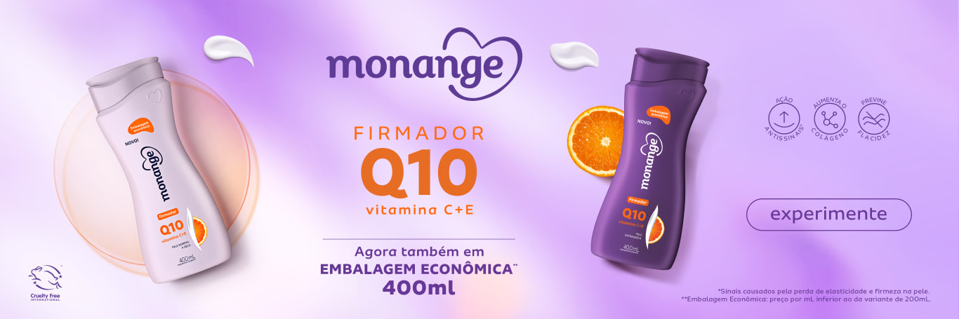 Arte publicitária da linha corporal Monange Firmador Q10 vitamina C+E, em tons de roxo, rosa e laranja, com foto dos produtos no centro.