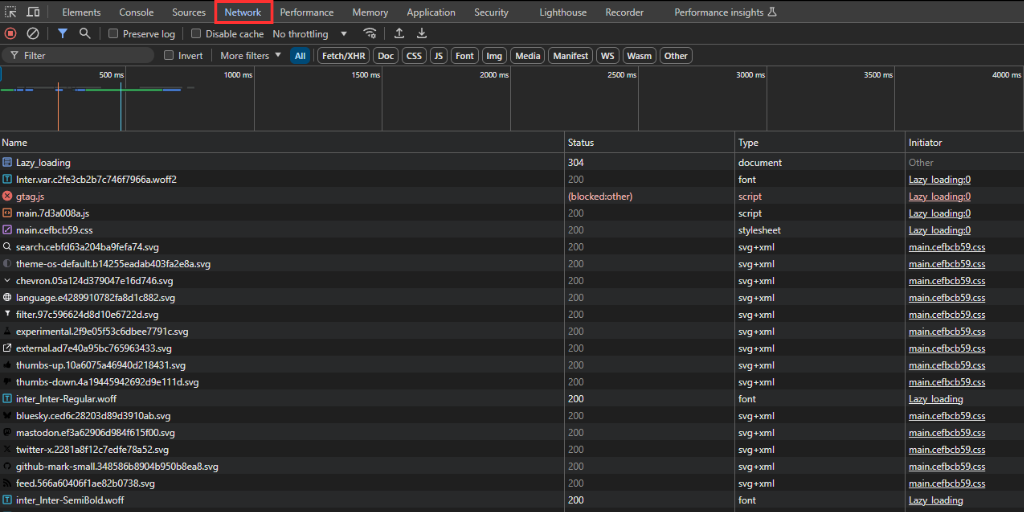google chrome dev tools network