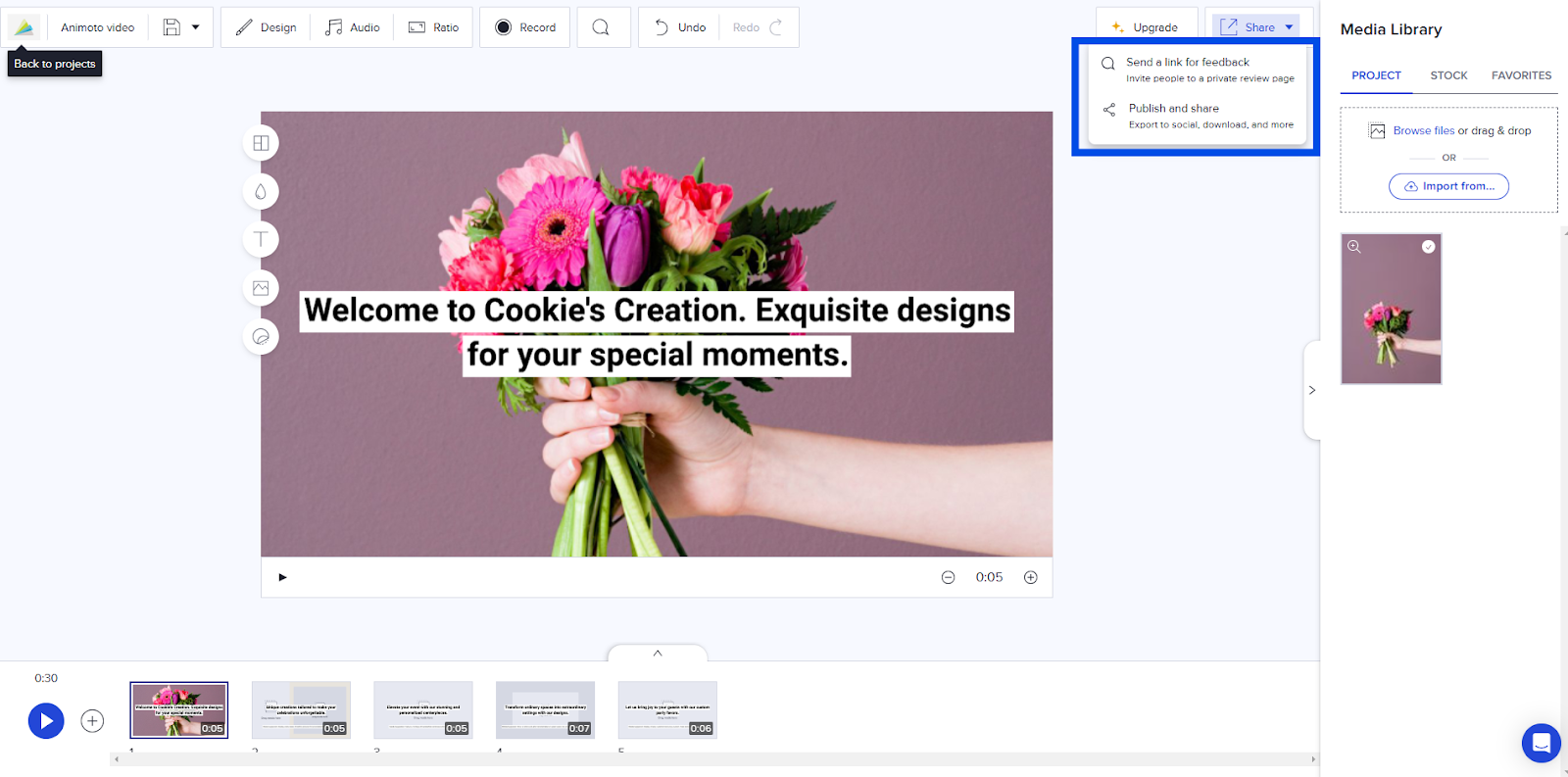 Animoto video editor featuring "Publish and Share" options, allowing users to export projects or send links for feedback.