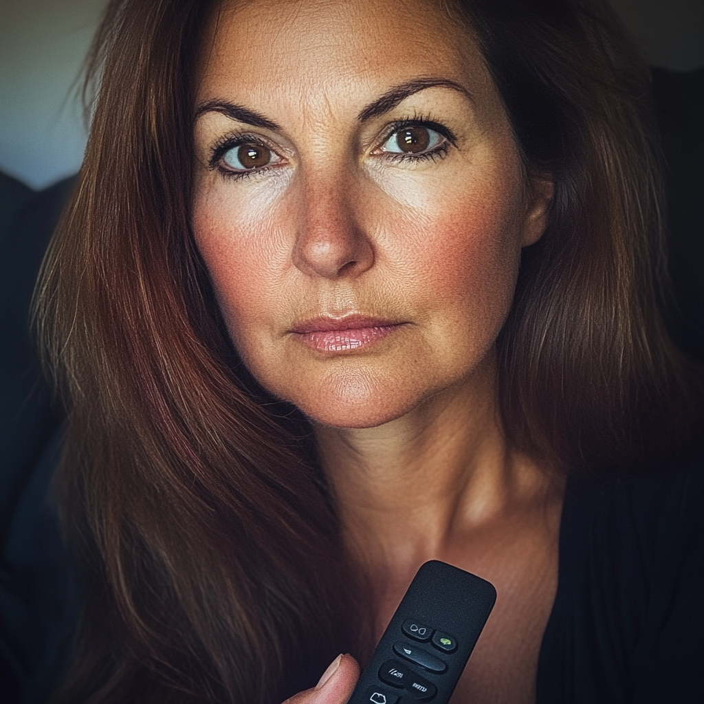 A woman holding a TV remote | Source: Midjourney