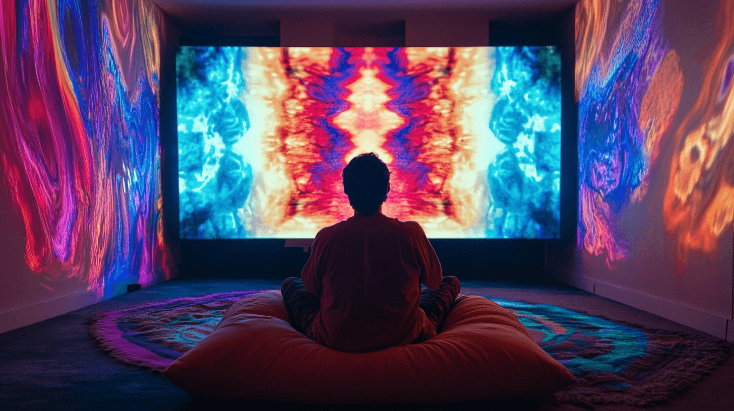 A person sitting cross-legged on a cushion in a dark room with psychedelic visuals
