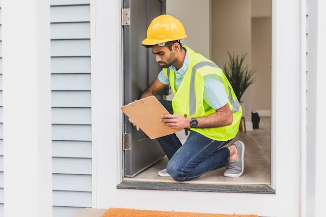 person inspecting door frame