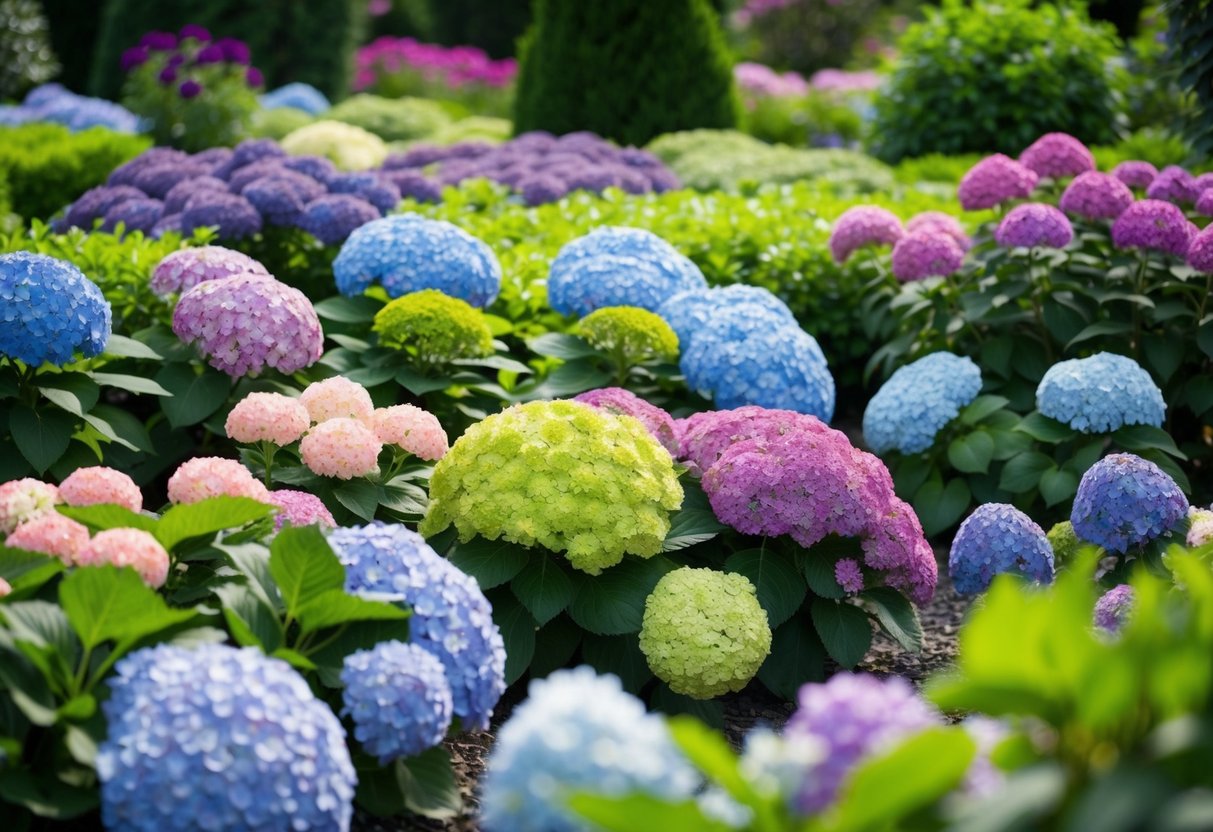 A lush garden filled with colorful hydrangea bushes arranged in a beautiful landscape design, with a mix of different varieties and shades of blue, pink, and purple blooms