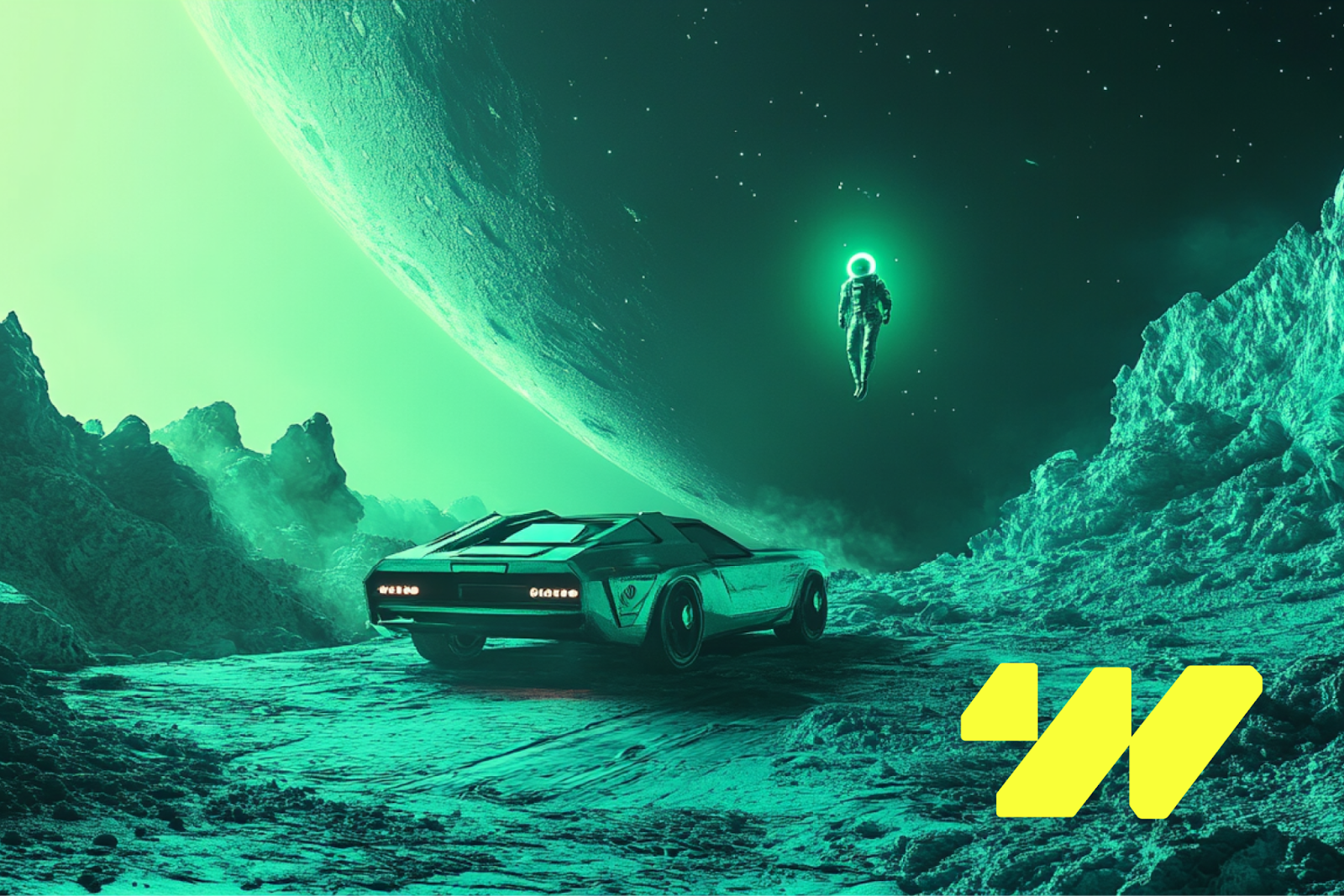 An illustration of a sports car on a planet in outer space, with an astronaut hovering in the background. 