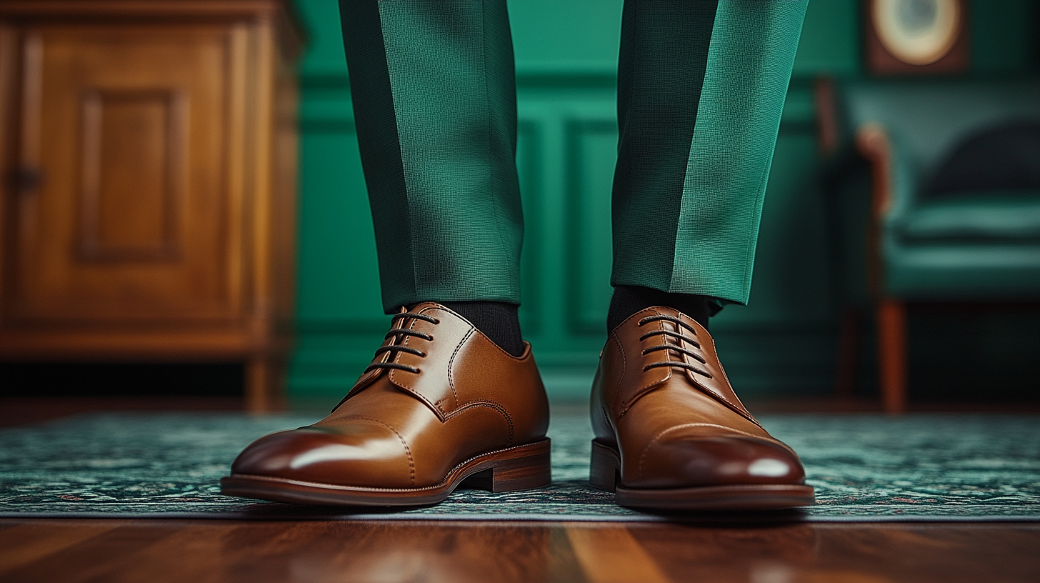 
A well-tailored green suit, either olive or forest green, paired with brown leather shoes. The shoes are dark brown, perfectly complementing the suit’s rich tone. The look is polished and sophisticated, ideal for formal or semi-formal occasions. The background is soft and stylish, with subtle lighting enhancing the sharpness of the outfit, showcasing a perfect blend of color and sophistication.