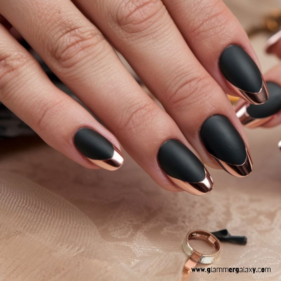 Black and Rose Gold Nail Designs having Matte Black with Rose Gold Chrome Tips
