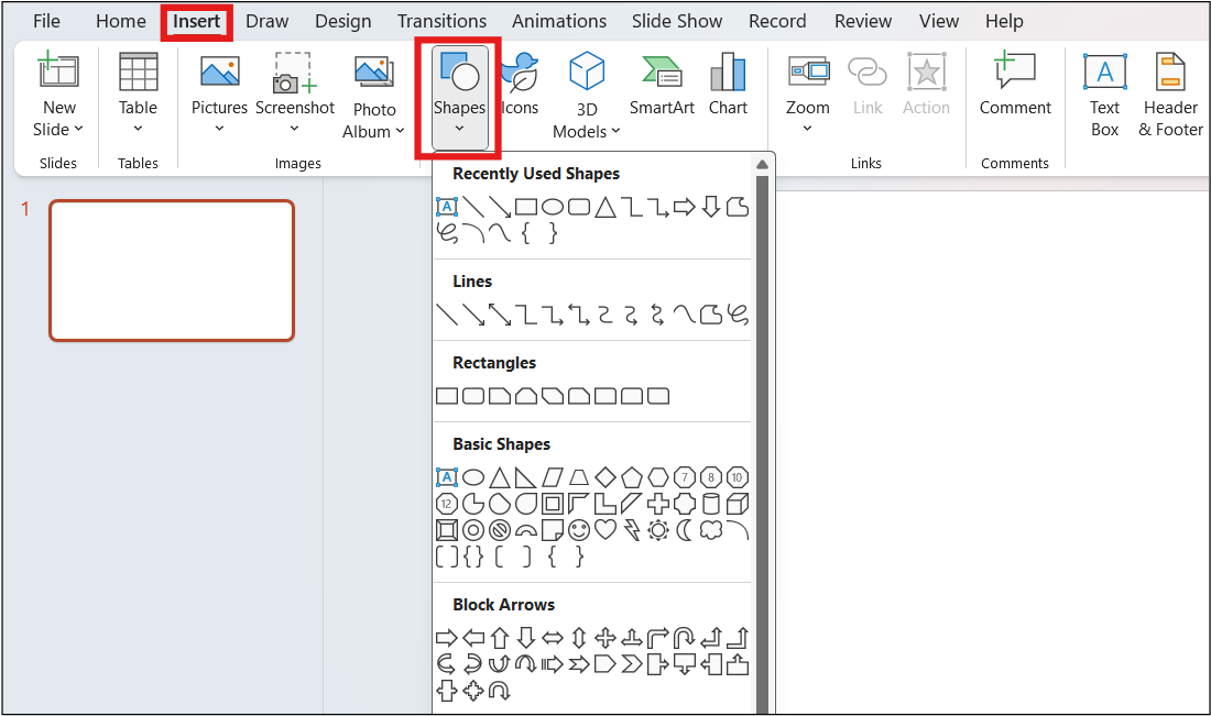 Insert > Shapes Option in PowerPoint with various Lines, Rectangles, Basic Shapes, Block Arrows, etc.