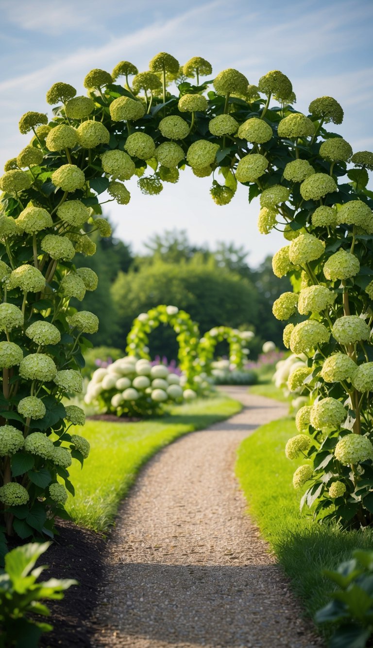 A garden path winds under a grand arch of twisted stem hydrangeas, creating a whimsical and enchanting landscape feature