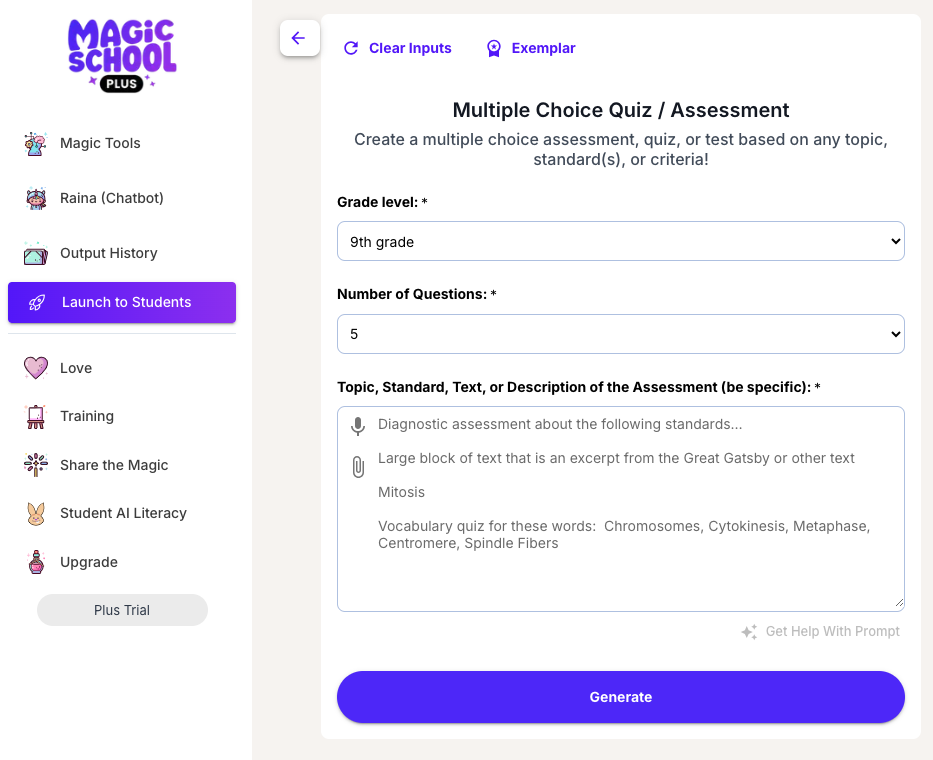 Magic School AI Multiple Choice Quiz Interface