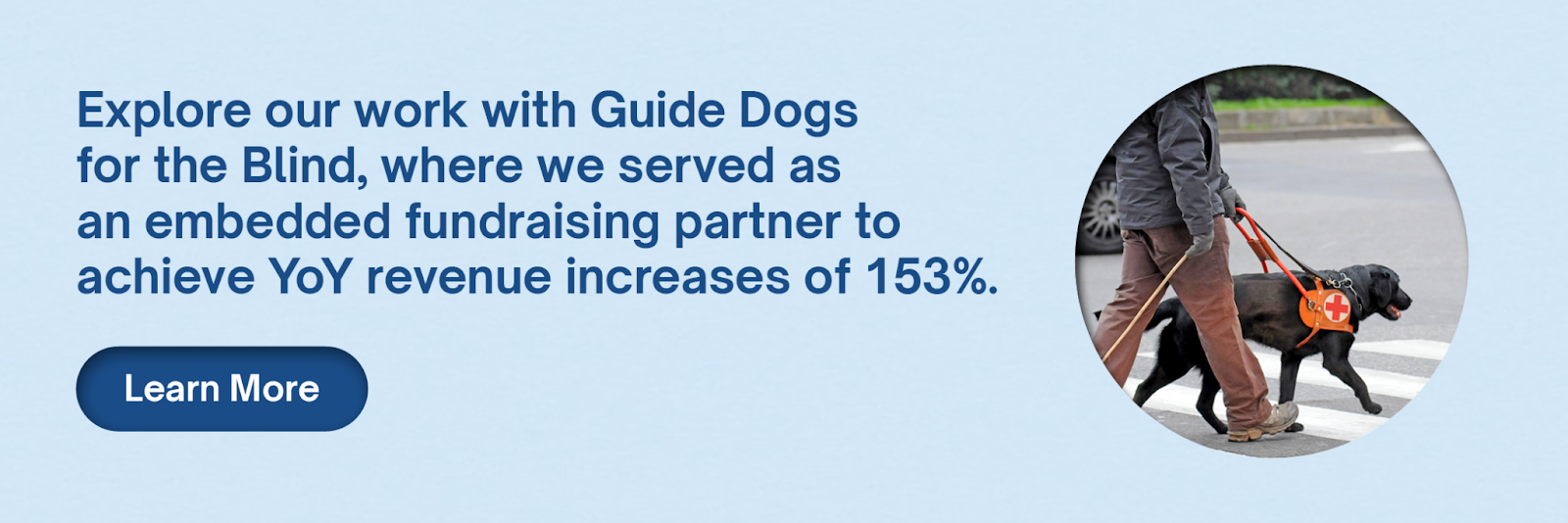 Click here to explore our work with Guide Dogs for the Blind, where we served as an embedded fundraising partner to achieve YoY revenue increases of 153%. 