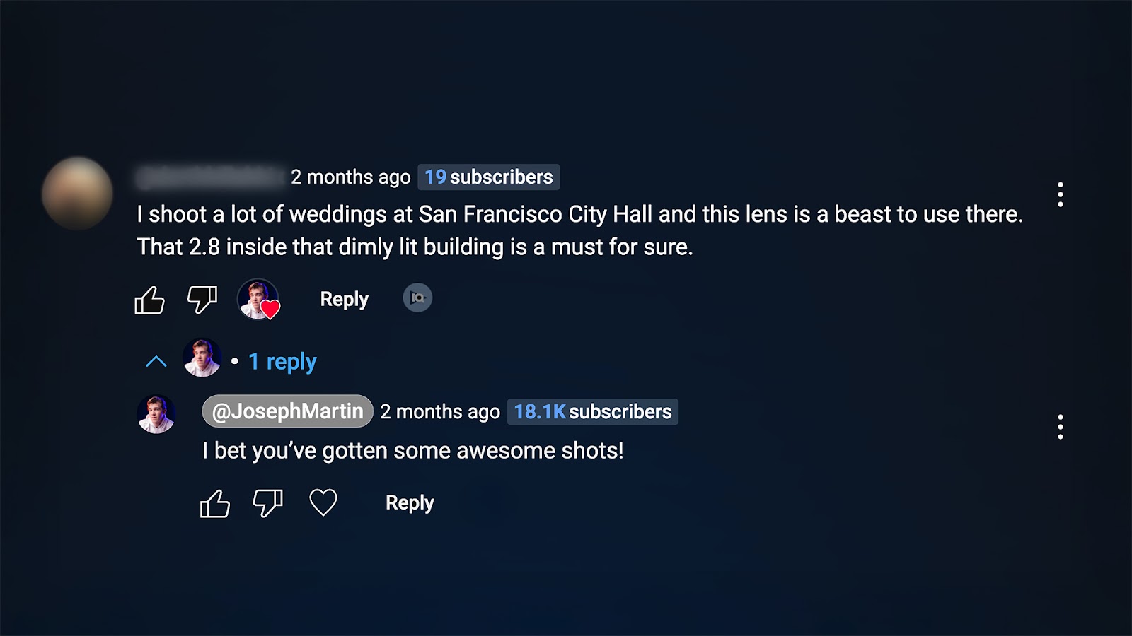 Screenshot of an example of Jospeh Martin responding to comments on this YouTube platform. 