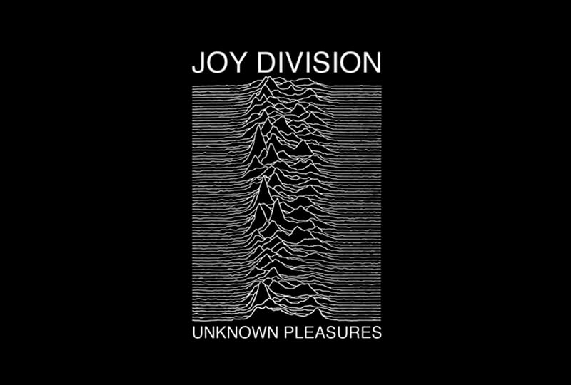 Alt text: Joy Division's 'Unknown Pleasures' album cover featuring white pulsar waves on a black background, with the band's name above.