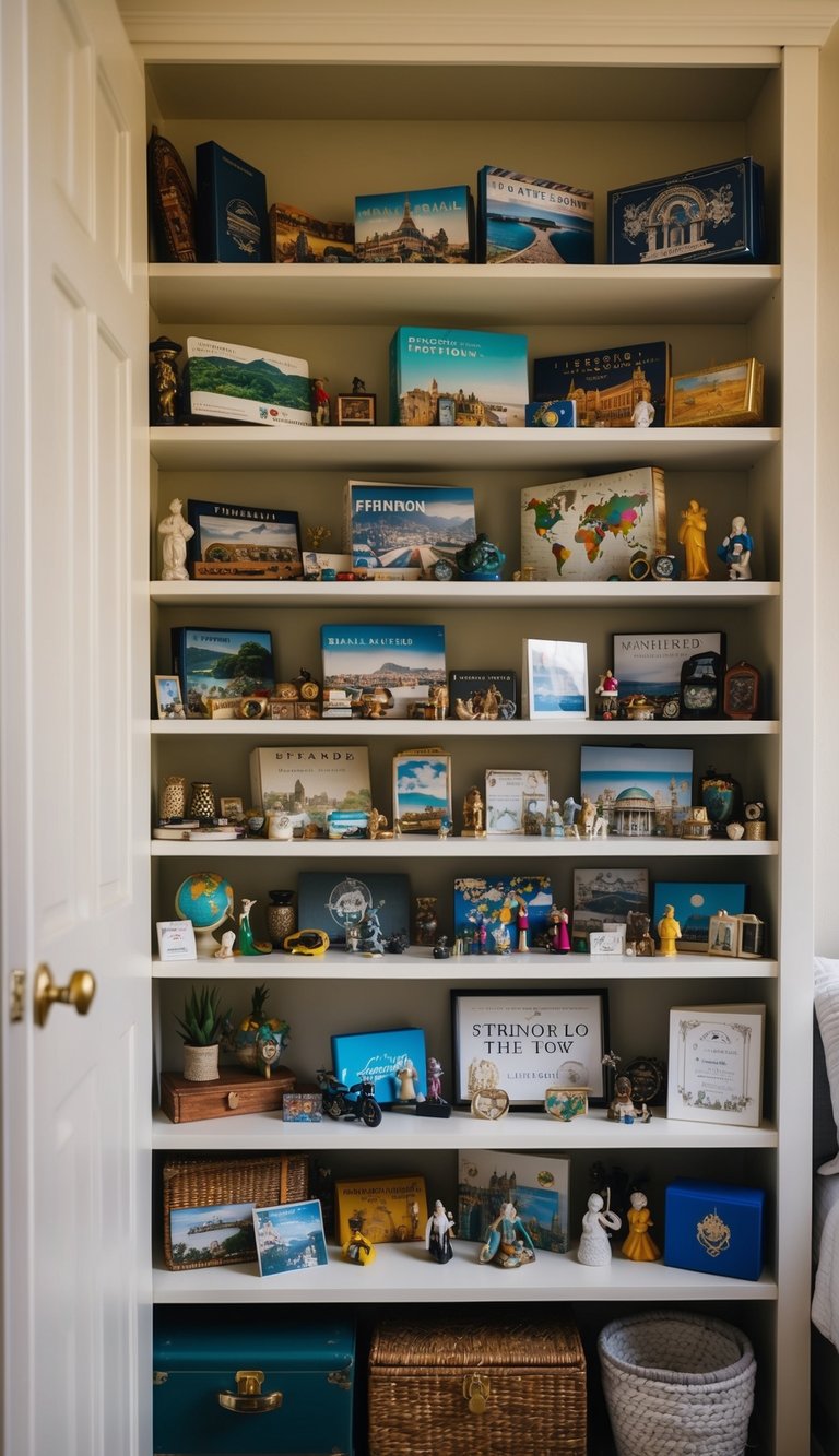 A shelf filled with travel souvenirs from around the world, including small trinkets, figurines, and postcards, displayed in a cozy guest bedroom