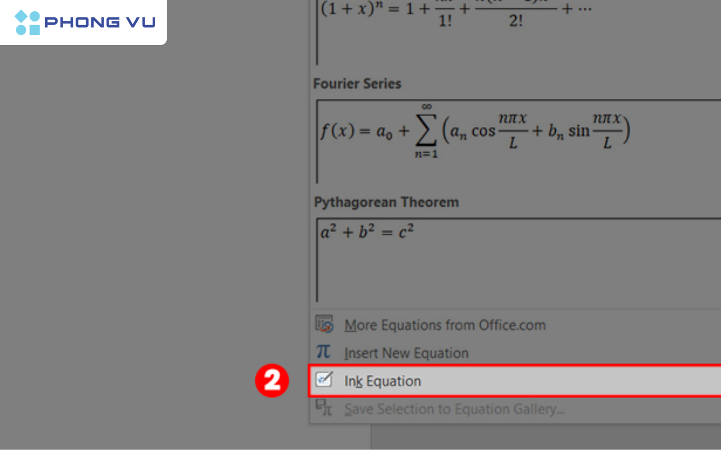 Chọn Ink Equation tại mục Equation
