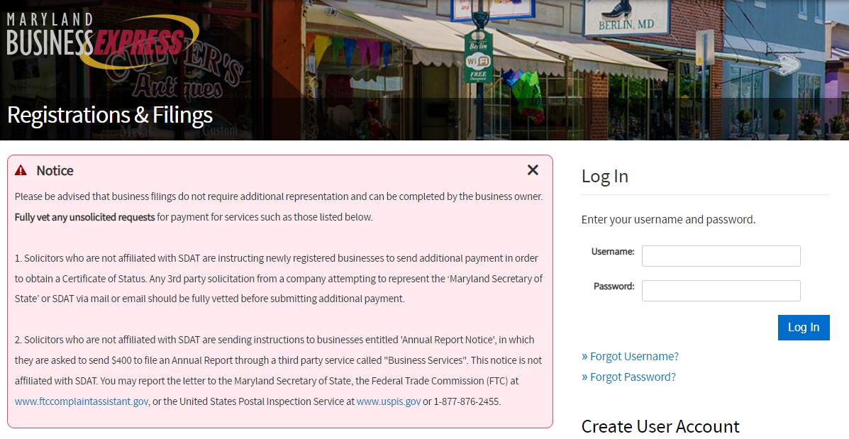 Screenshot of the Maryland Business Express website log in page