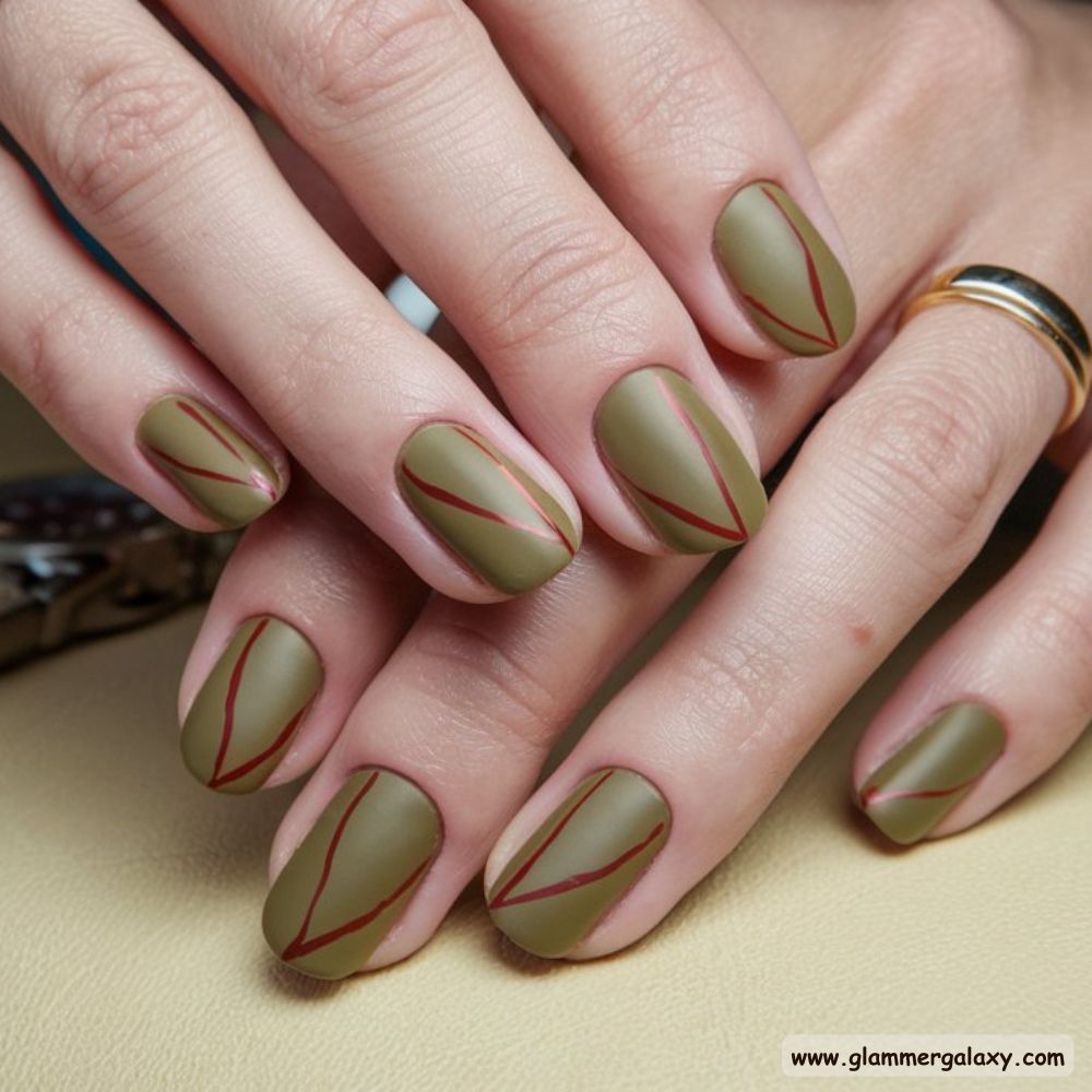 Olive green nails with Red Threads on Olive Green for Contrast