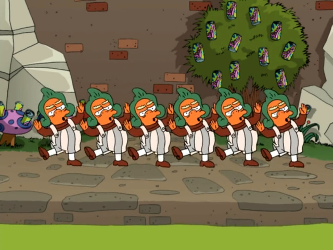 Oompa Loompas marchando frente a un árbol de bebidas Slurm.