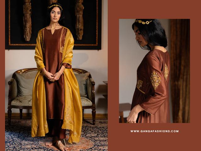 Dark Chocolate Brown and Mustard Chanderi Silk Festive Kurta Set.jpg