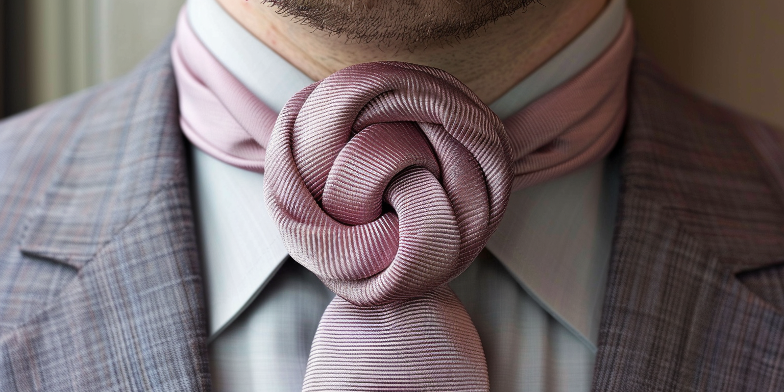 Close-up of a man wearing a Trinity necktie knot. The knot forms a smooth, rounded triangle with a subtle spiral pattern, showcasing its decorative and modern style. The tie fabric is sleek with a slight sheen, paired with a crisp, well-fitted shirt collar that frames the knot perfectly. The look is stylish and unique--ideal for weddings, evening events, or standout occasions. Soft, elegant lighting emphasizes the knot’s shape and texture.