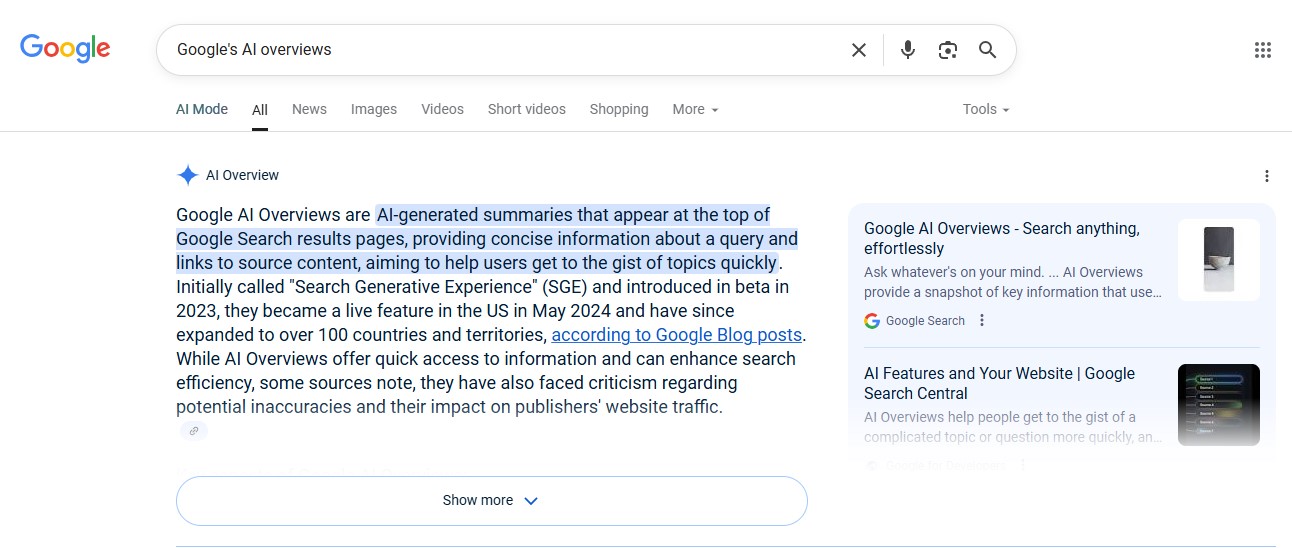 Screenshot of Google's AI overview