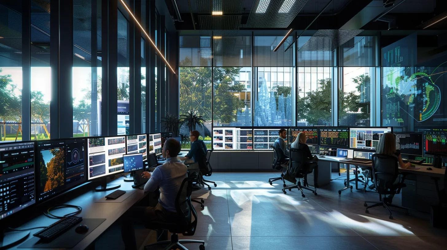 a modern office workspace features a large digital screen showcasing a dynamic interface of a website's breadcrumb navigation and internal linking strategies, with an engaged team of professionals analysing user journey optimisation.