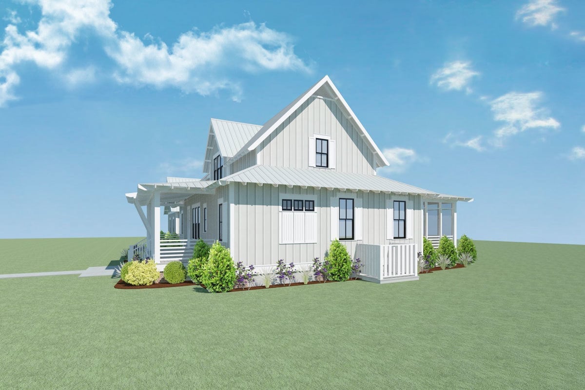 Left rendering of the two-story 4-bedroom farmhouse.