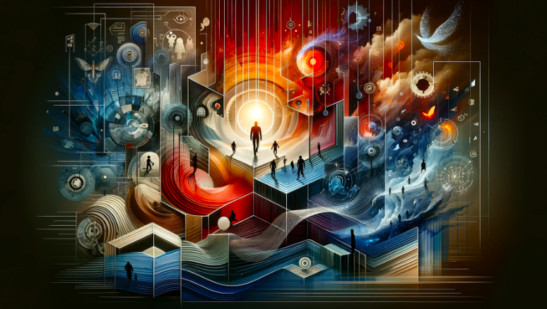 A surreal futuristic artwork depicting a human figure walking toward a glowing light, surrounded by abstract geometric structures, swirling energy, and symbolic elements in red and blue tones.