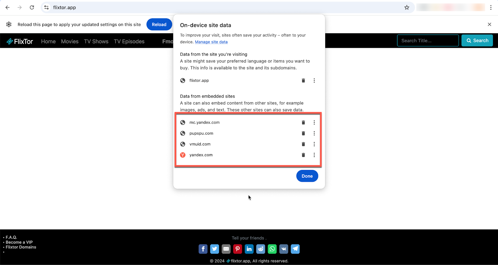 Flixtor ads and data sharing 