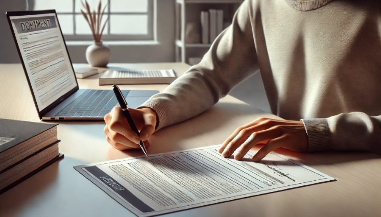 Person signing a document at a desk with a laptop.